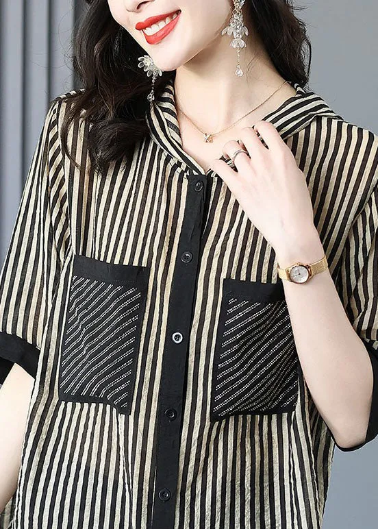 Italian Striped Hooded Pockets Patchwork Chiffon Shirt Tops Summer LY6690