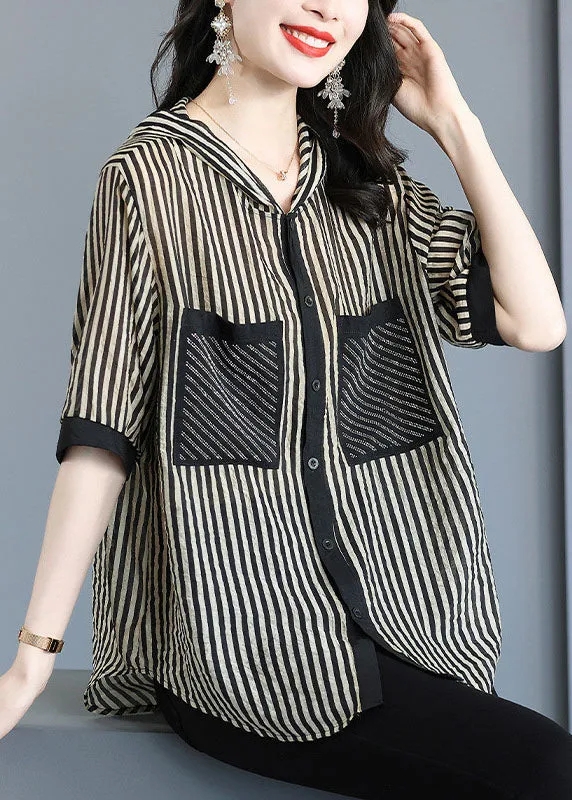 Italian Striped Hooded Pockets Patchwork Chiffon Shirt Tops Summer LY6690