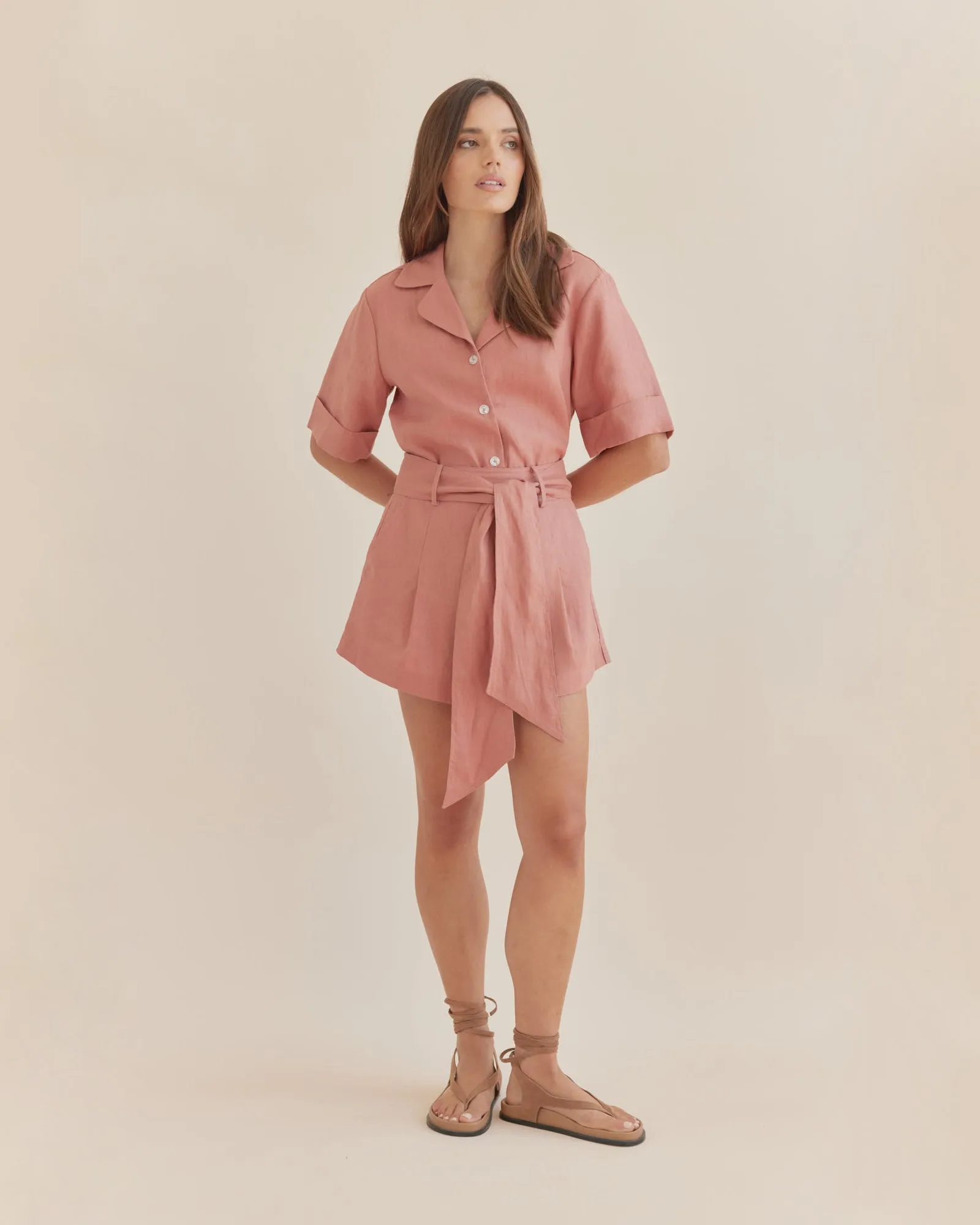 Maelle Belted Linen Short - Dusty Pink