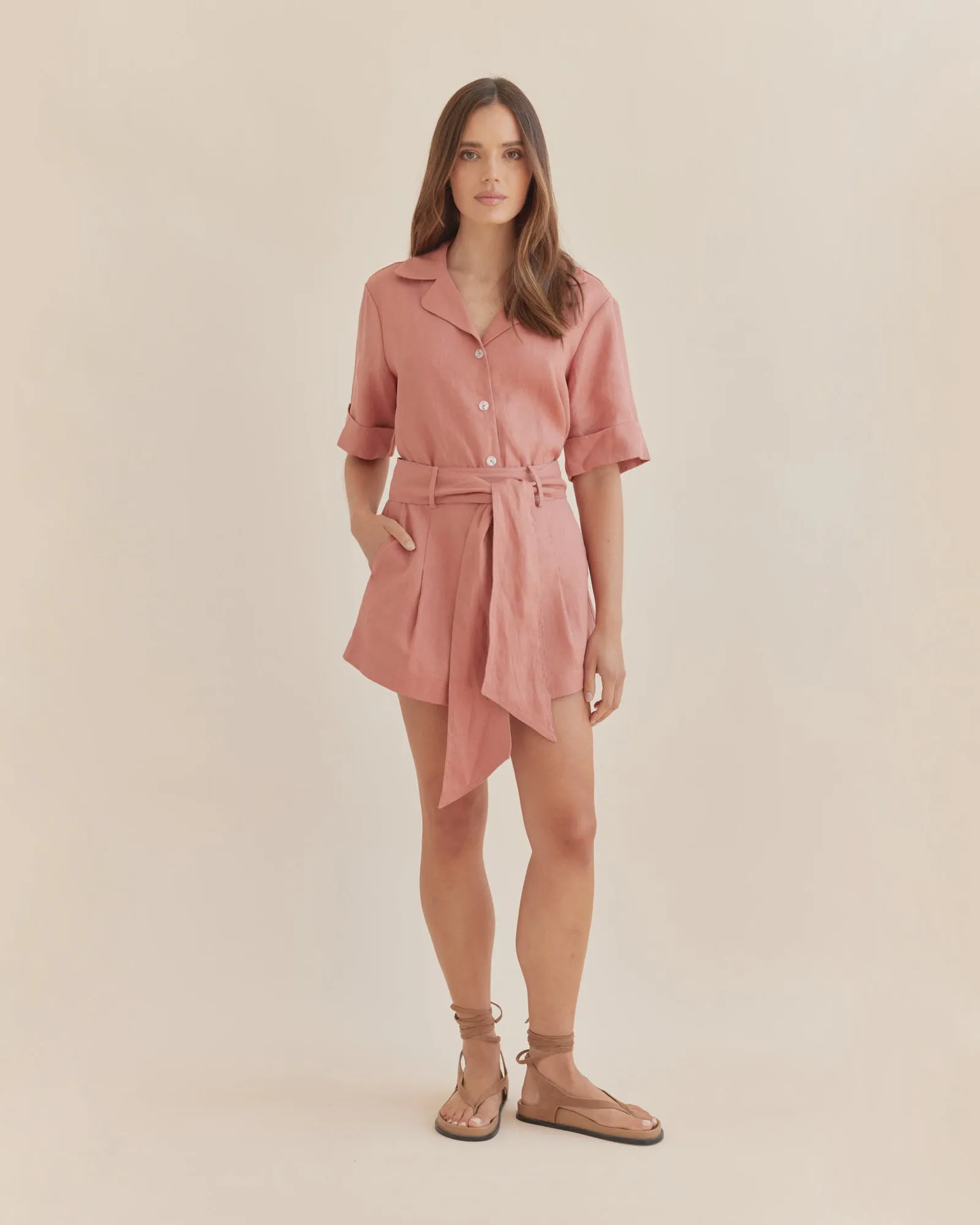 Maelle Belted Linen Short - Dusty Pink