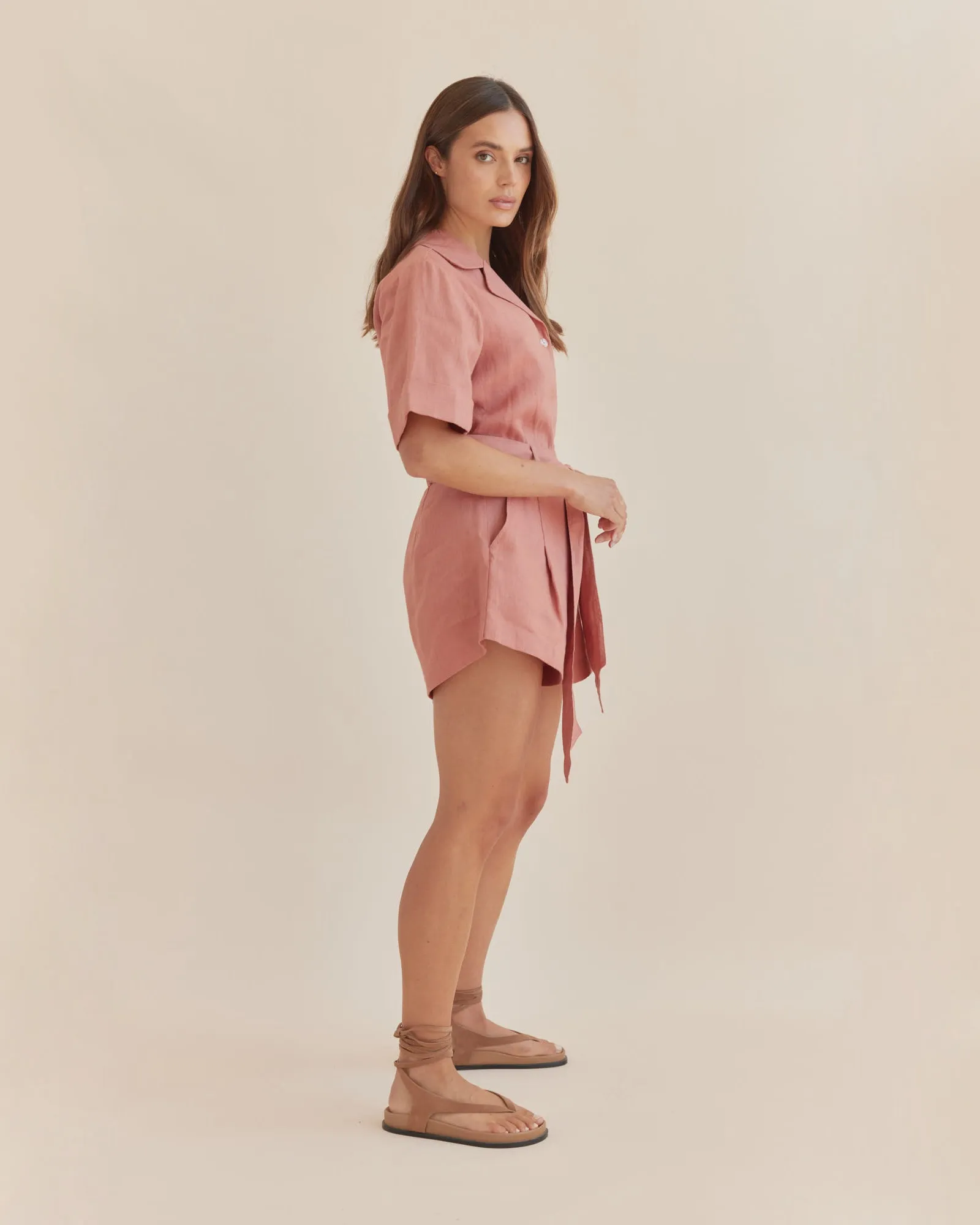 Maelle Belted Linen Short - Dusty Pink