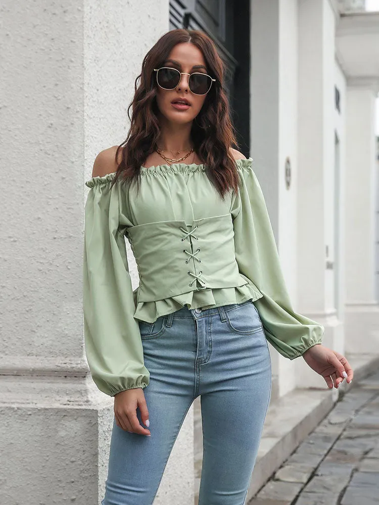 Off Shouler Lantern Sleeve Waist Ruffle Tops