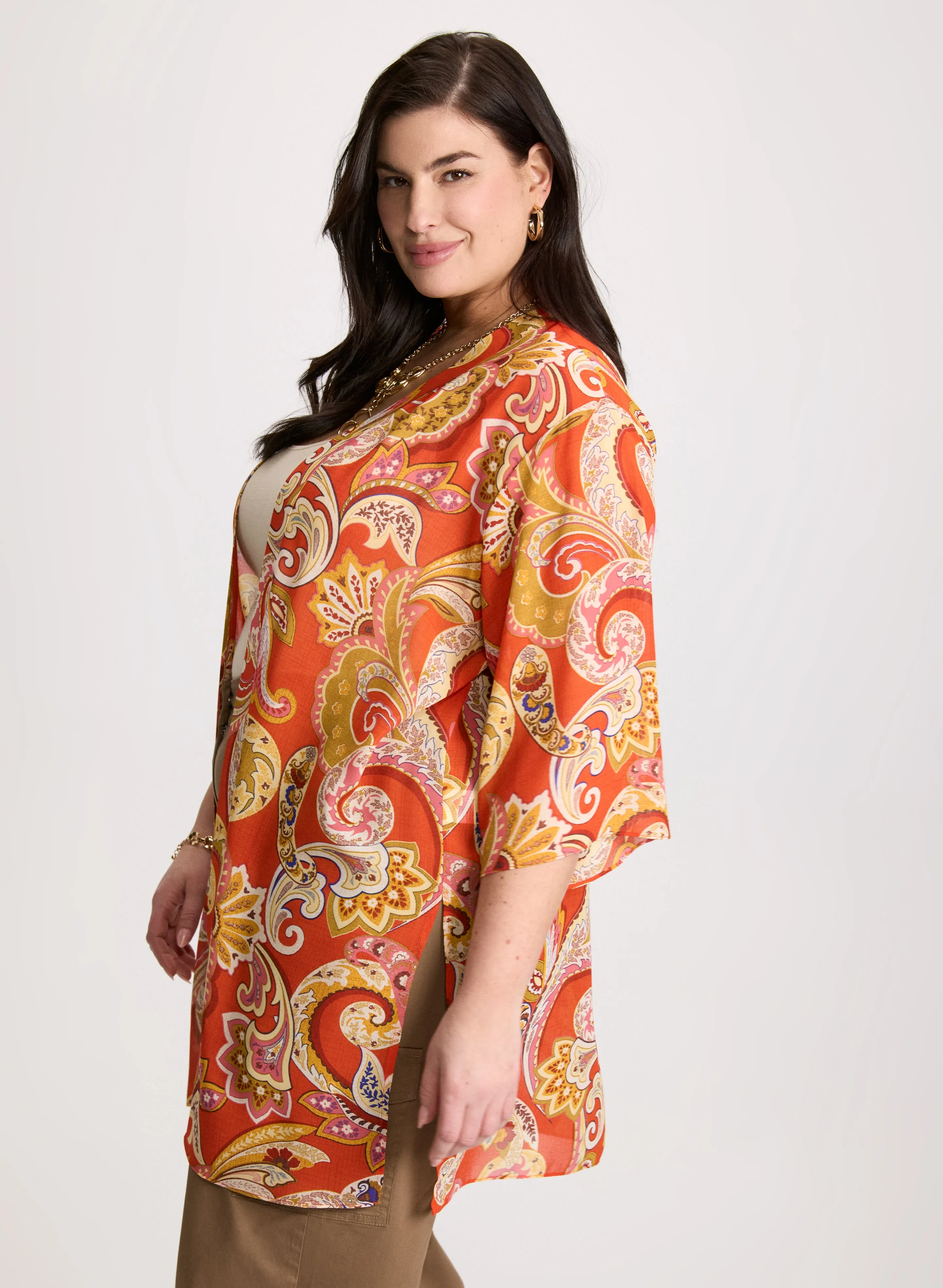 Paisley Print Open-Front Blouse