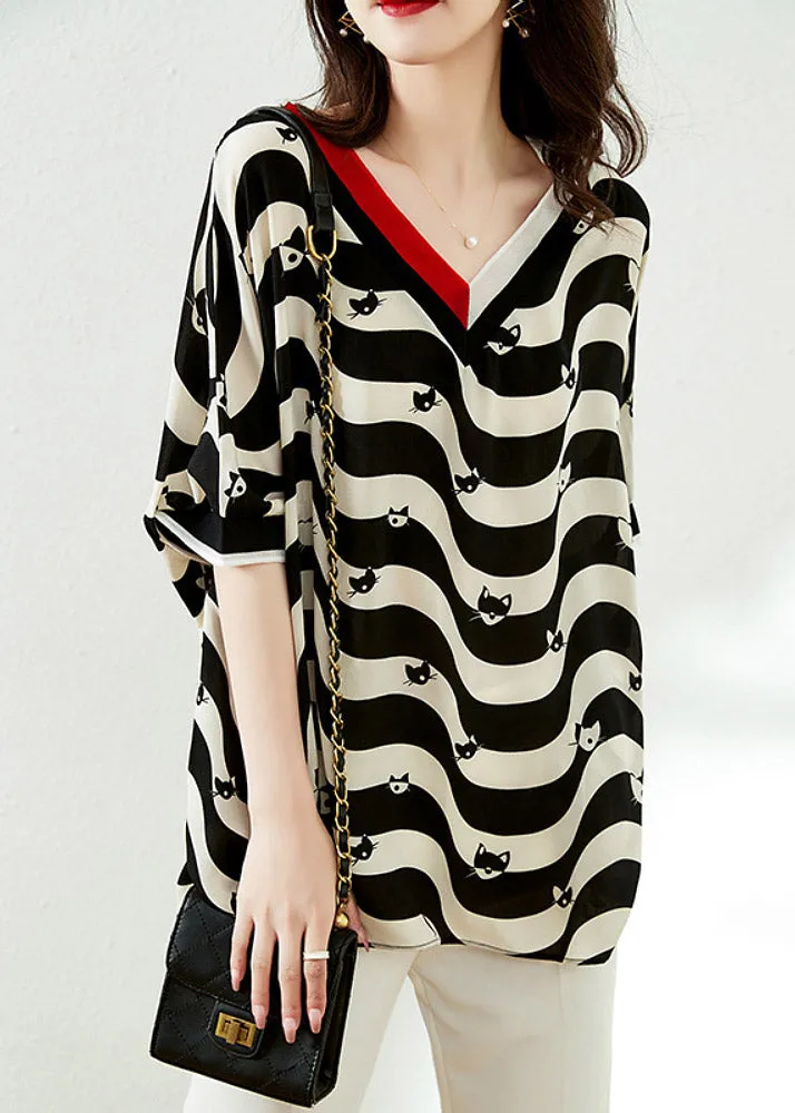 Plus Size Black V Neck Striped Low High Design Chiffon Tops Half Sleeve