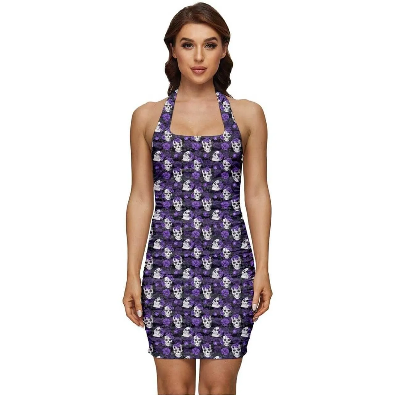 Purple Skulls Ruched Halter Dress