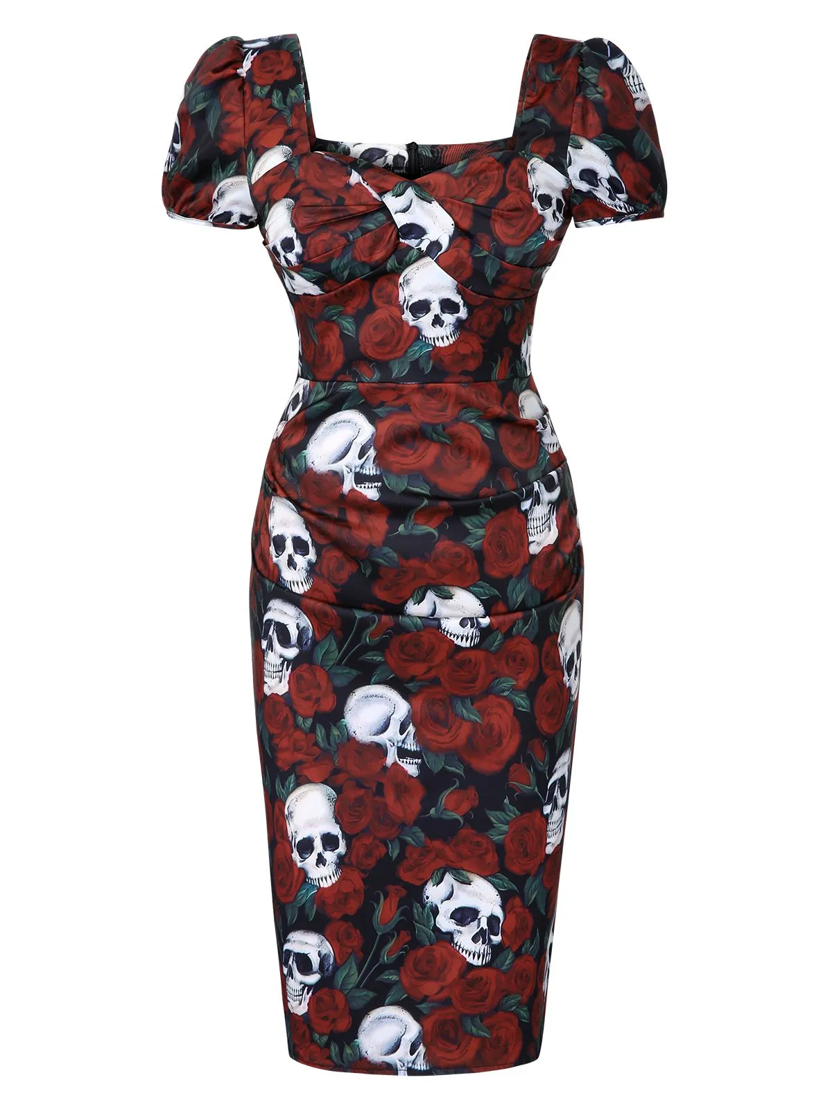 Red 1960s Rose Skull Sqaure Neck Pencil Dress