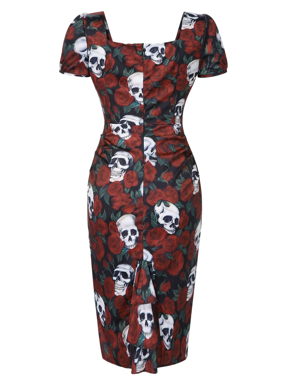 Red 1960s Rose Skull Sqaure Neck Pencil Dress