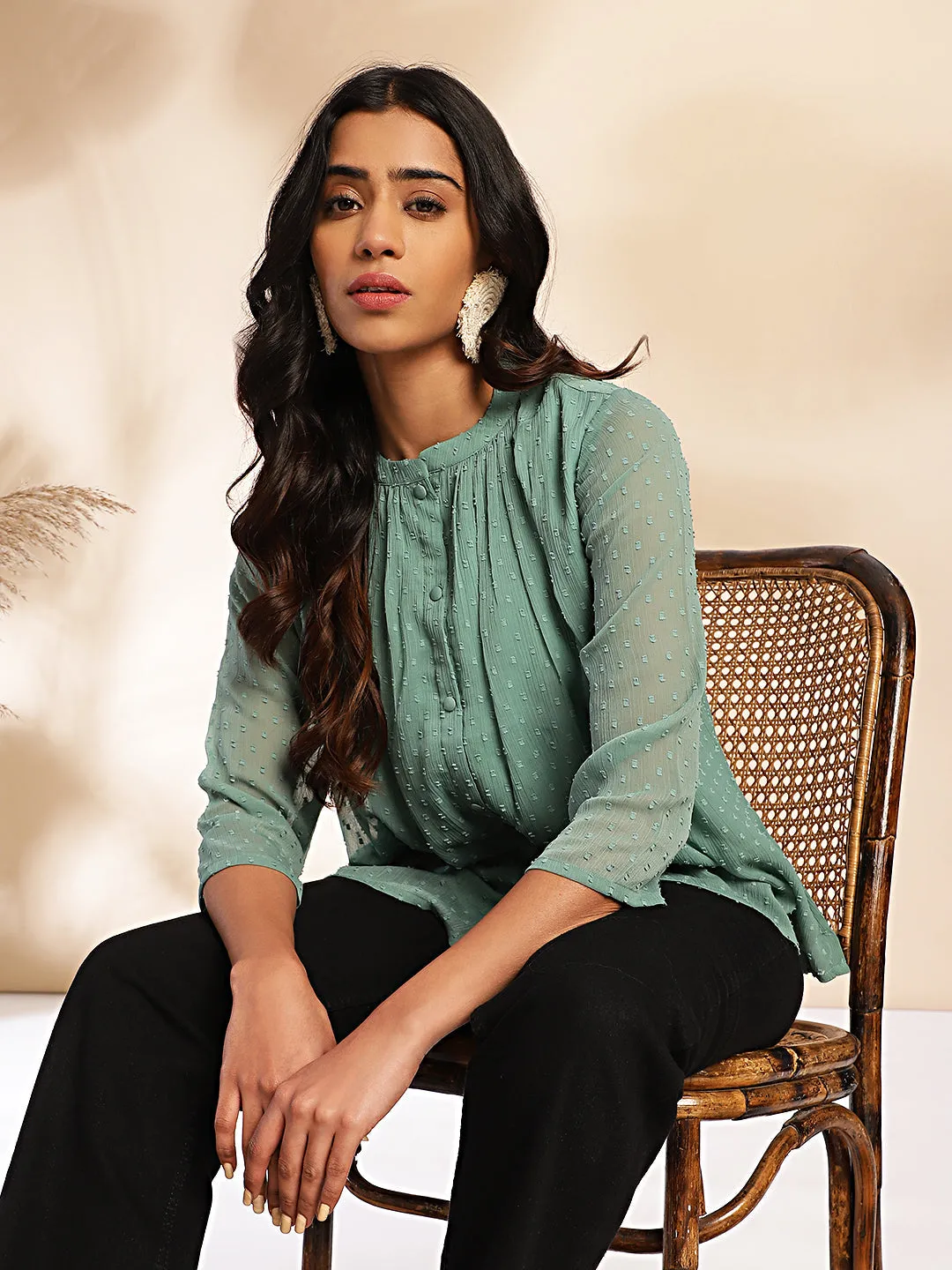 Sage Dobby Chiffon Woven Design Regular Top - By Janasya