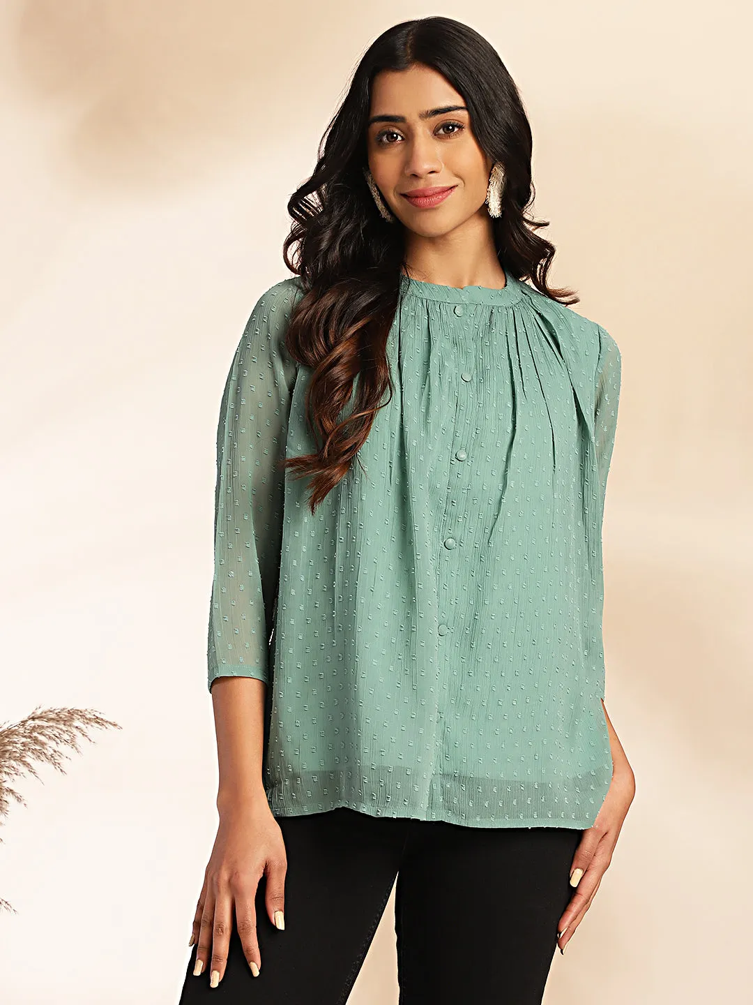 Sage Dobby Chiffon Woven Design Regular Top - By Janasya