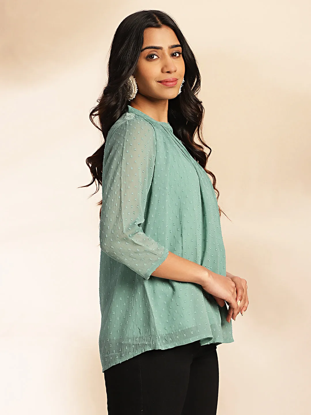 Sage Dobby Chiffon Woven Design Regular Top - By Janasya