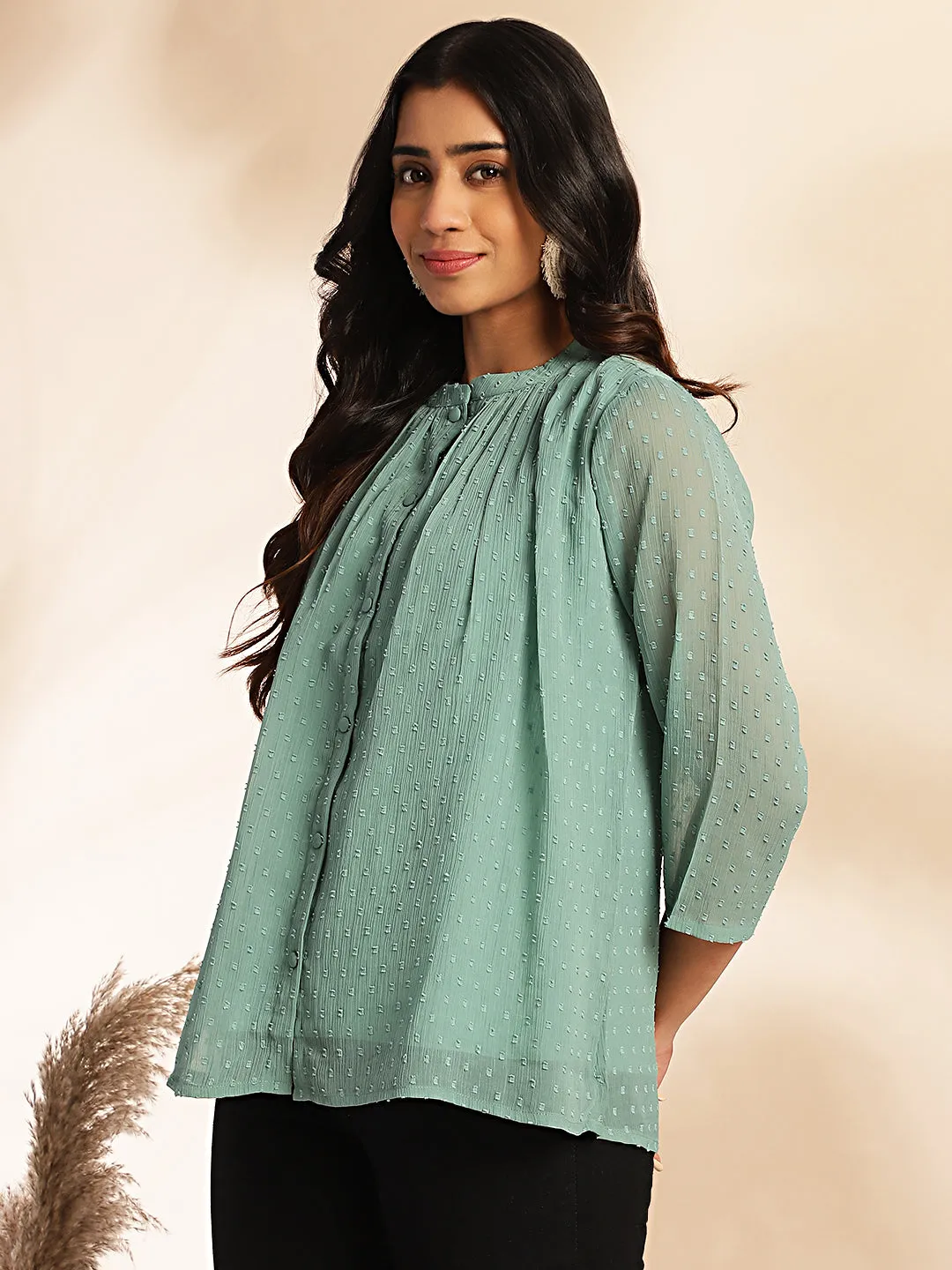 Sage Dobby Chiffon Woven Design Regular Top - By Janasya