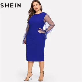 SHEIN Black Pearl Beading Mesh Ruffle Sleeve Plus Size Elegant Bodycon Dress