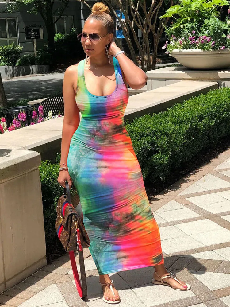 Sleeveless Tie Dye Tank Maxi Dresses