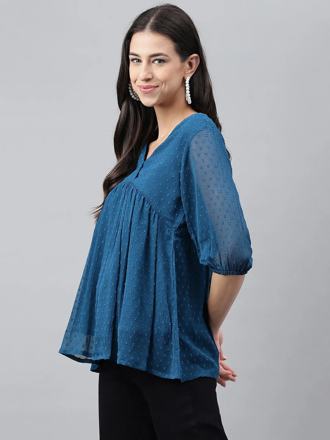 Teal Blue Dobby Chiffon Solid Empire Top