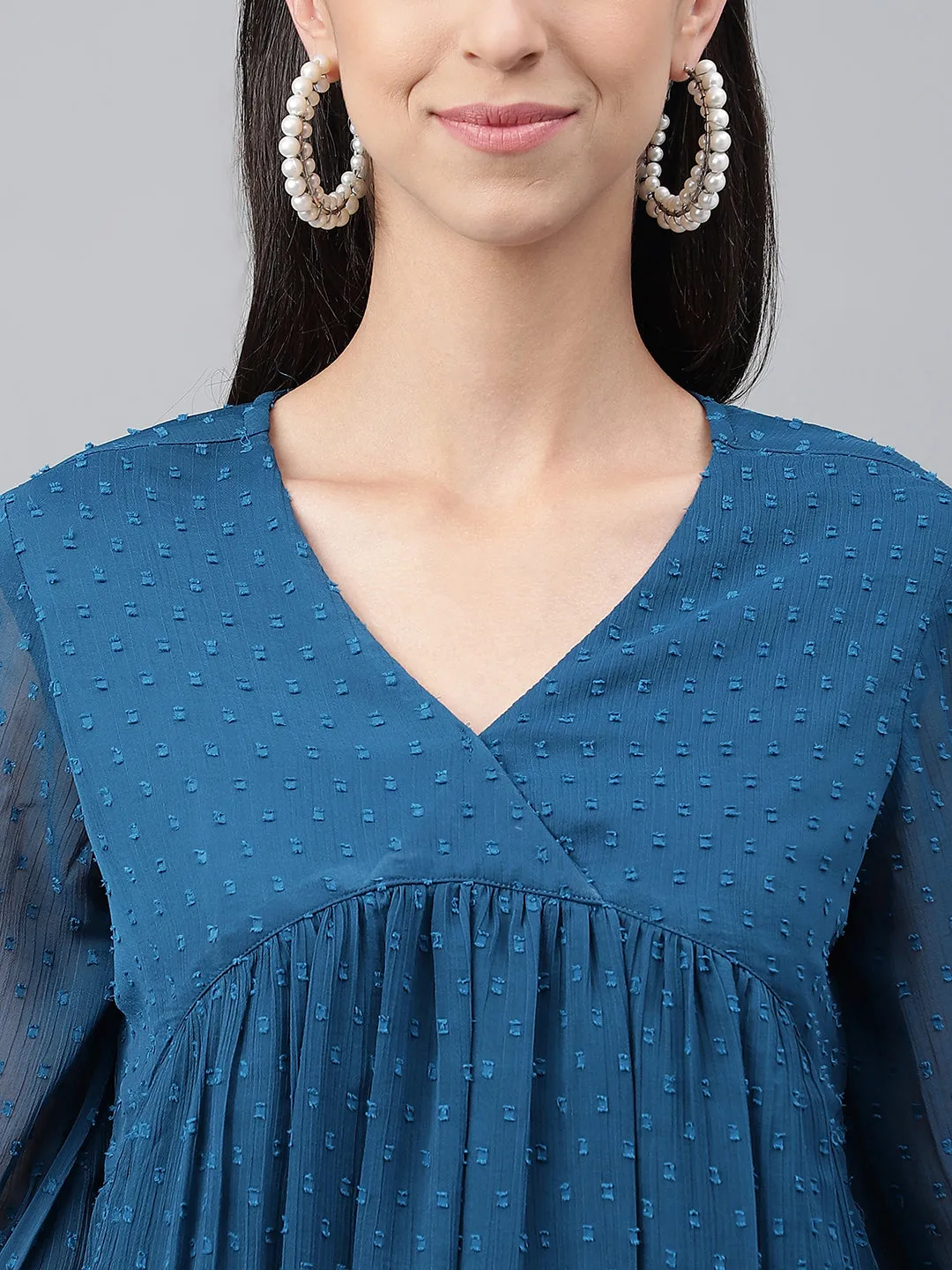 Teal Blue Dobby Chiffon Solid Empire Top