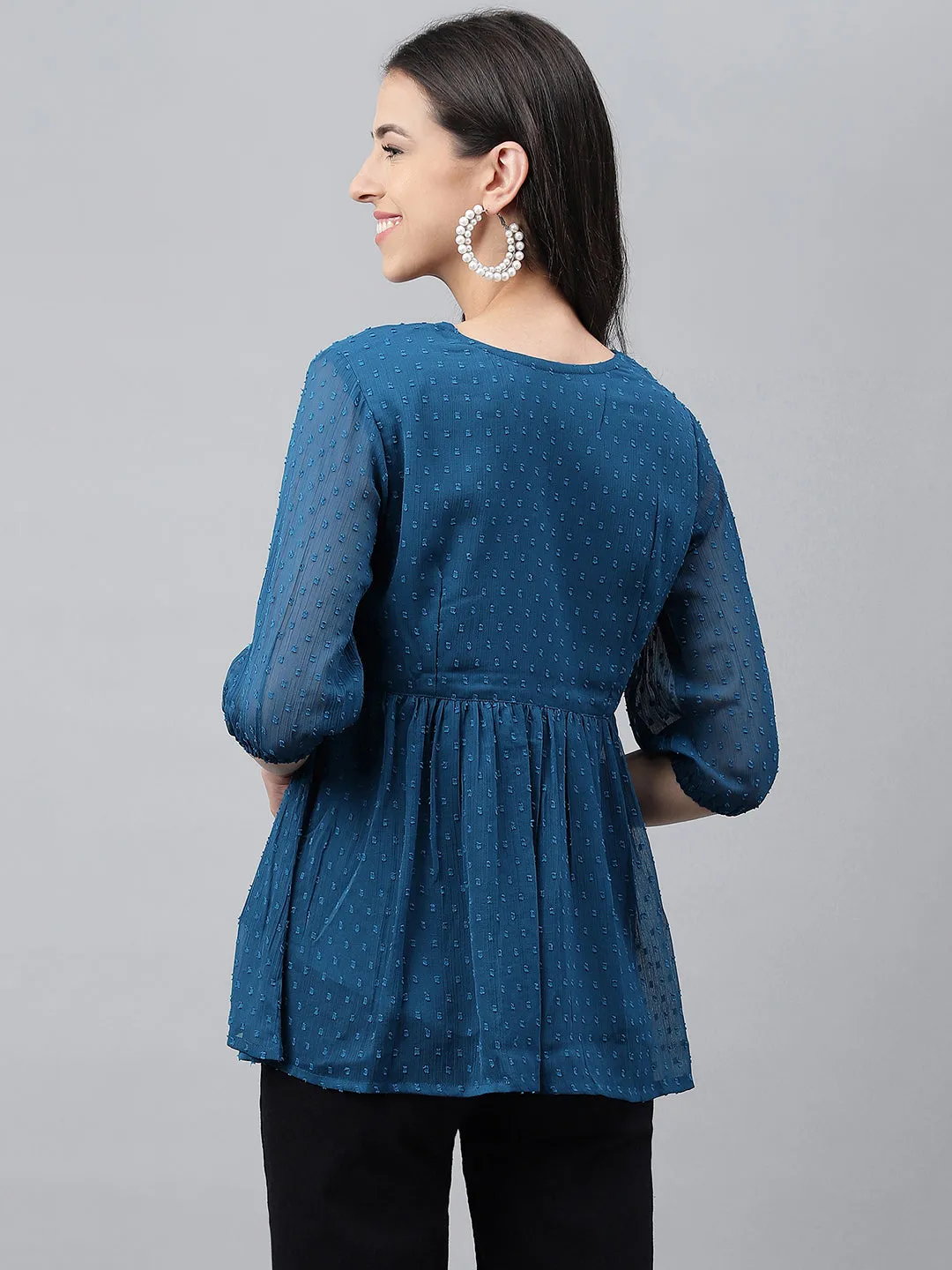 Teal Blue Dobby Chiffon Solid Empire Top