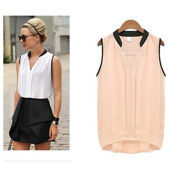 VenusFox Casual Loose Sleeveless White Pink Tops